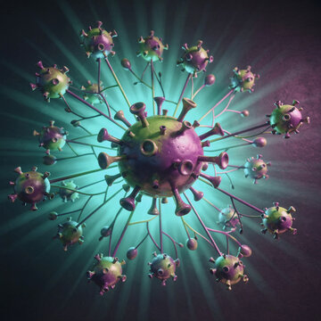 3D Render of Microscopic Pathogen Network with Spreading Viral Cells and Glowing Light Rays for Medical Science Background
