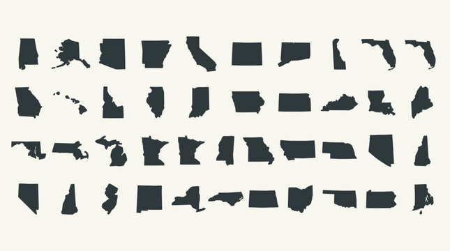 Set of black United States map silhouettes on white.