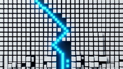 Fototapeta premium Dynamic digital landscape with a glowing blue energy path traversing a complex 3D pixel grid, representing data flow and innovation