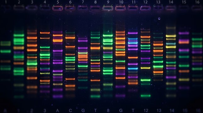 Fluorescent DNA bands separated by gel electrophoresis on a dark laboratory transilluminator background