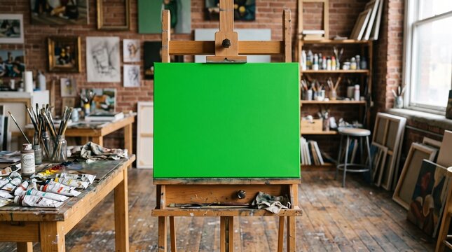 Green screen canvas mockup on a wooden easel in a creative artist studio