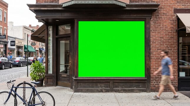 Large green screen chroma key in a vintage storefront window for digital mockup