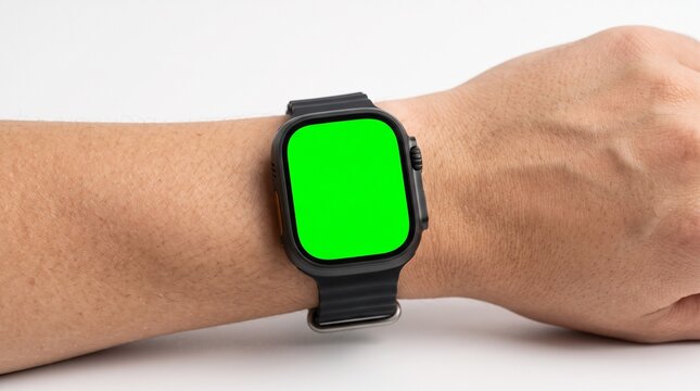 Close up of a black smartwatch with green screen chroma key on a male wrist