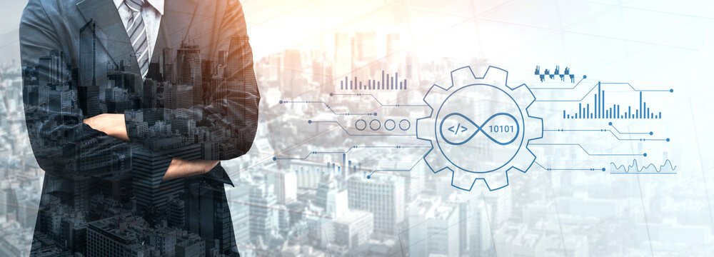 Professional Businessman Overlooking Cityscape with Digital Data Visualization Representing Technology and Innovation Concepts. Entropy.