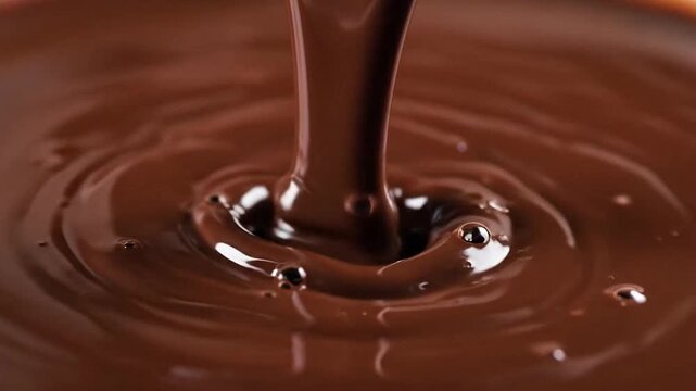 Rich liquid chocolate pours down, creating a smooth ripple effect