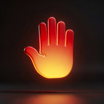 3D Glowing Hand Icon with Stop Gesture in Red and Orange on Dark Background for Safety and Warning Concepts
