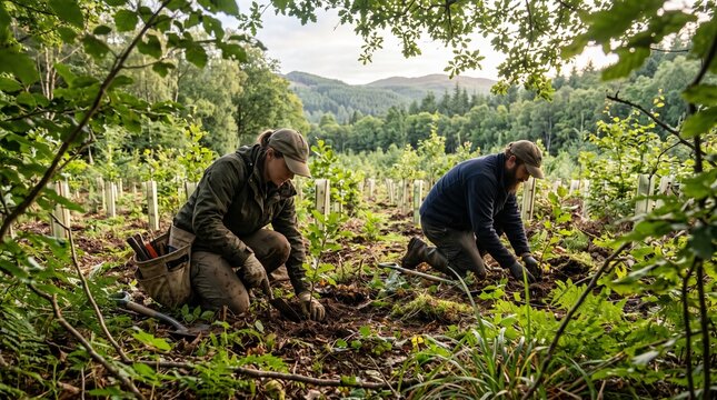 Two environmental volunteers planting young tree saplings in a forest restoration project to combat climate change