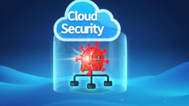 Digital illustration of red virus attacking server network protected by glowing cloud security shield set against an abstract dark blue background representing digital data infrastructure