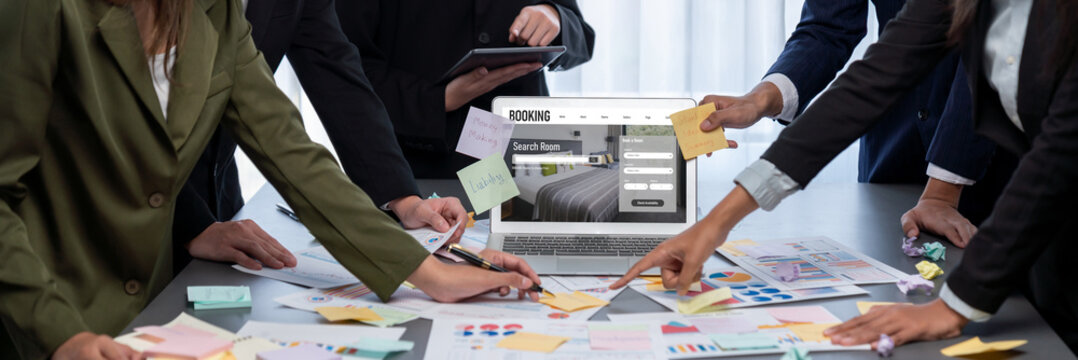 Analyst team use sticky note for creative and analytic brainstorm for business idea with BI data dashboard on laptop screen. Analysis financial data visualization tech for marketing strategy. Prodigy