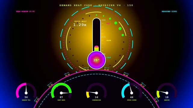 A sophisticated digital display showing dynamic pricing fluctuations across three panels with glowing circular meters and neon temperature bars measuring economic shifts in real time