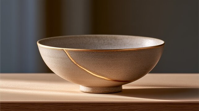 AI生成した、割れを金の線で継いだ陶器の茶碗を木のテーブルに置いた一枚｜柔らかな光が照らす金継ぎの美、事業承継と再生のメタファー