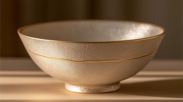 AI生成した、貫入の質感が輝く白磁の器を金の一本線で継いだ横からの一枚｜柔らかな逆光が縁を照らす静謐な佇まい、事業承継と再生のメタファー