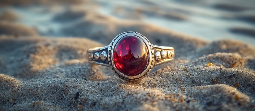 A beautiful vintage silver ring with a large deep red garnet gemstone placed on textured sand at sunset.