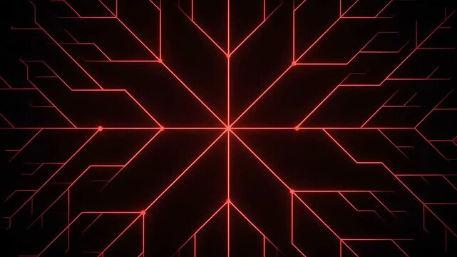 Circuit board pattern featuring glowing red lines radiating from a central point against a dark background.