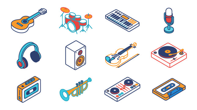 Isometric Music Instruments and Audio Equipment Collection.