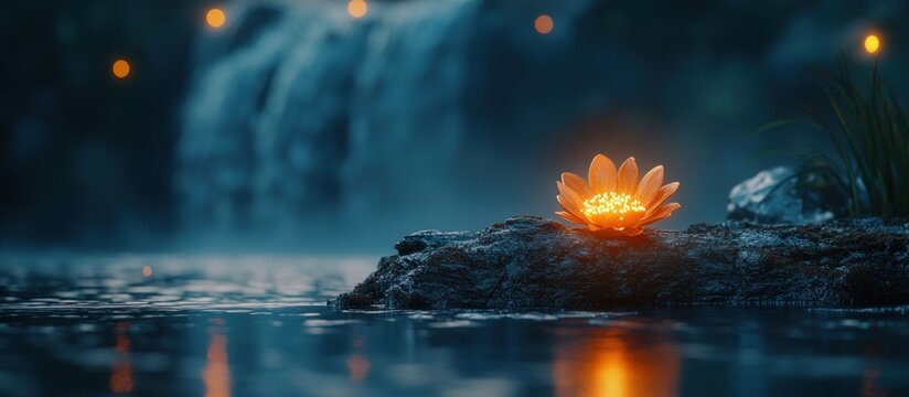 Glowing Crystal Flower Near Magical Waterfall in Dark Forest.
