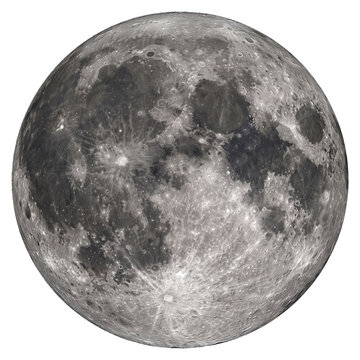 Full moon isolated on a  transparent  background showing detailed lunar surface craters and texture
