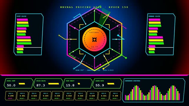 A sequence showing dynamic pricing metrics updating across three vibrant hexagonal monitors that display shifting statistical data bars and glowing numerical figures within a dark interface