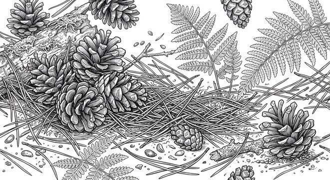 Forest Floor Nature Elements. Detailed engraved illustration of pinecones, fern leaves, twigs and forest litter composition.