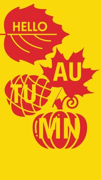 Hello Autumn seasonal greeting card design with red leaves and pumpkin on yellow background.