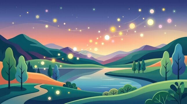 Enchanting flat vector mountain landscape illustration with serene lake winding path glowing fireflies and magical sunset sky background