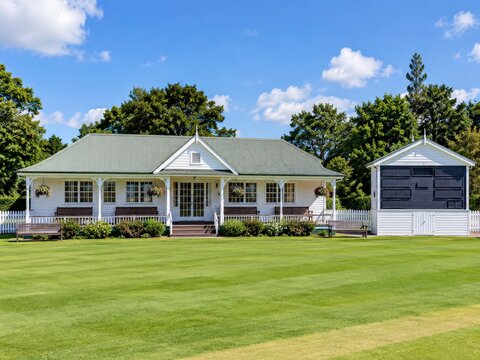 Village cricket pavilion with a white weatherboard frontage and a manual scoreboard on a bright afternoon
