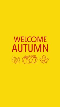 Welcome Autumn greeting card design with pumpkin and leaf icons on a yellow background.