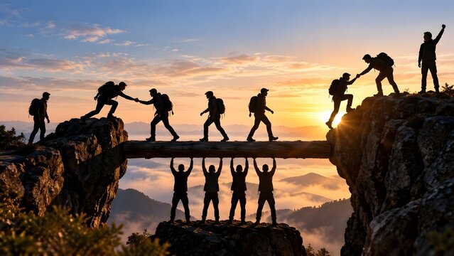 "Silhouette of a team of hikers working together to cross a treacherous mountain gap at sunset symbolizing teamwork support and overcoming obstacles"