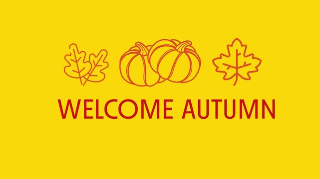 Welcome Autumn greeting card design with pumpkins and leaves on a yellow background.