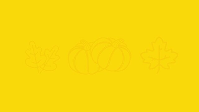 Minimalist autumn background featuring subtle outline illustrations of pumpkins and maple leaves on a bright yellow backdrop.