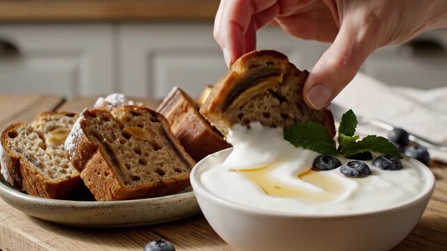 Fresh banana bread and creamy yogurt bowl