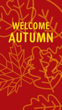 Welcome Autumn seasonal greeting card design with orange leaves on a red background.
