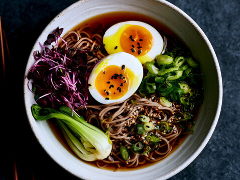 Japanese soba noodles with bok choy, egg, scallions, microgreens and sesame seeds