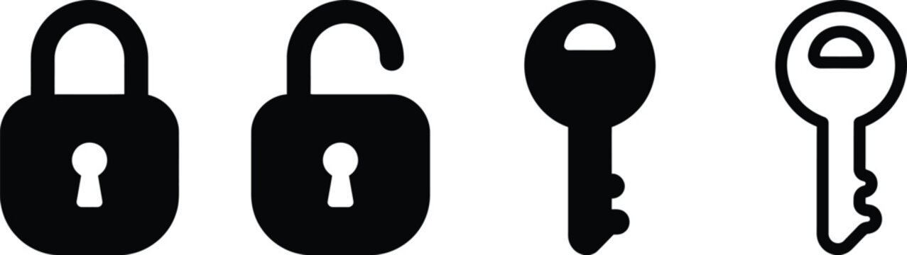 Set of black lock and key symbols in open and closed positions with lock icon safety icon access control protection sign key shape flat design