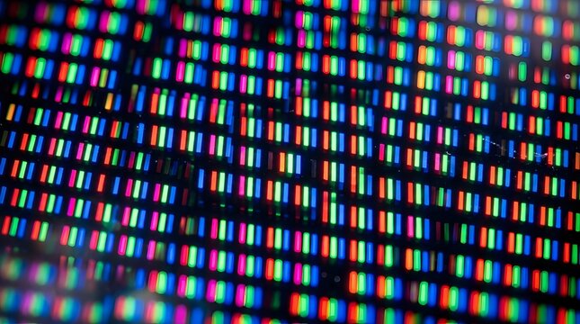 Macro close up of glowing RGB subpixels on a digital screen display with a shallow depth of field