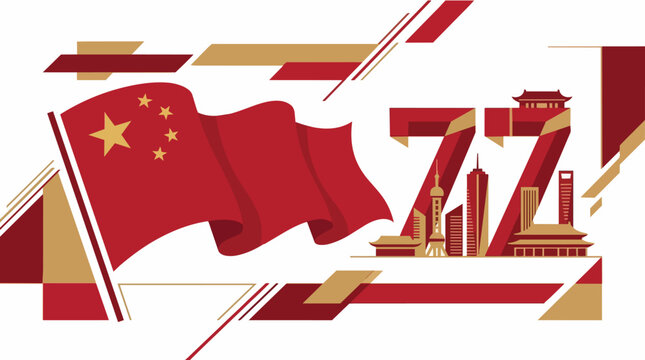 China national day celebration banner with flag and city skyline
