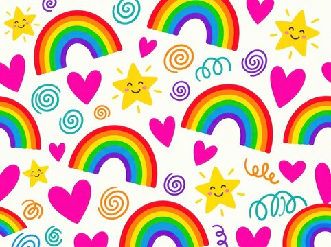 Cheerful cartoon doodle background with smiling daisy flowers, joyful heart character, rainbow, and colorful playful pop art stickers