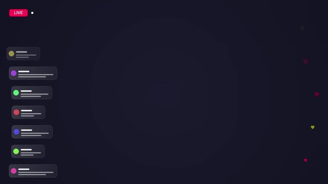 Live Streaming Overlay Screen Interface with Animated Chat Messages and Floating Heart Reactions