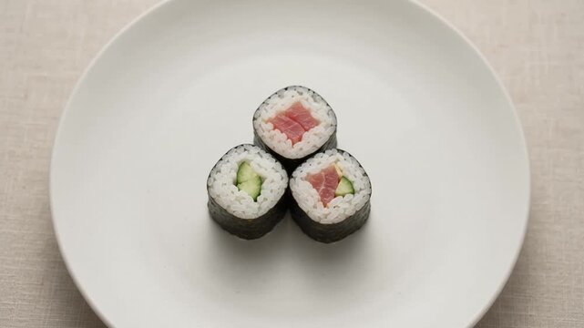 Three pieces of fresh sushi maki rolls on a minimalist white plate