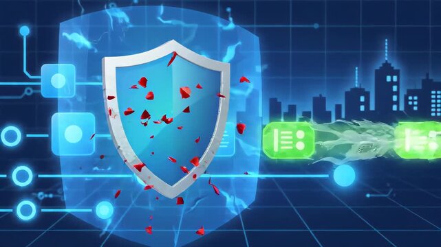 protective digital shield blocking red virus particle with electrical energy discharge set against glowing blue grid network background with silhouettes of futuristic city skyline