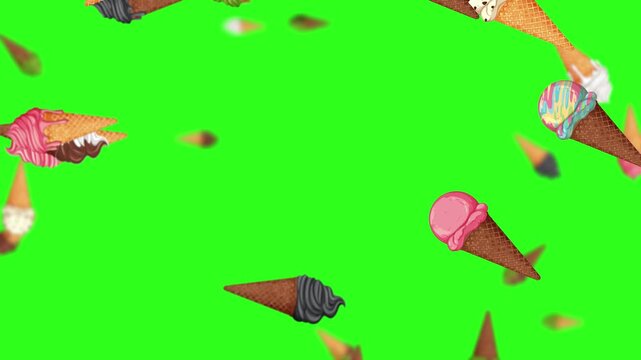 Ice cream cones falling on green screen background dynamic food motion footage.