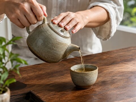 Hands pour tea from a stoneware teapot into a ceramic cup on a walnut table in soft morning light