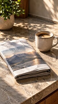 Close-up view of a folded newspaper and a cup on a stone counter in warm morning light