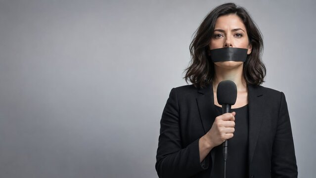 Journalist with mouth covered in front of a microphone; concept of censorship, repression, threatened press freedom, information control, and enforced silence. Concept of journalistic censorship.