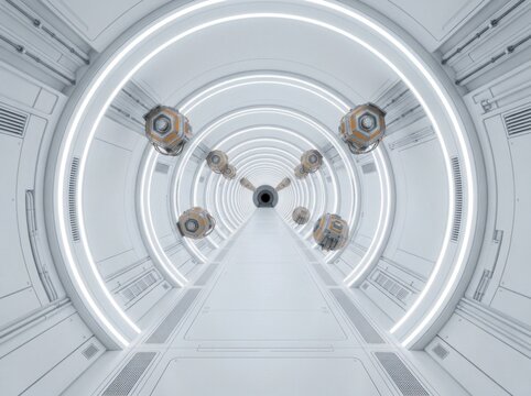 Futuristic sci-fi deep space exploration featuring orbital space station corridor, planet vista, astronaut suit, and wormhole portal