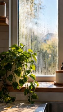 Tall vertical view of a kitchen window with condensation and a plant in soft morning light
