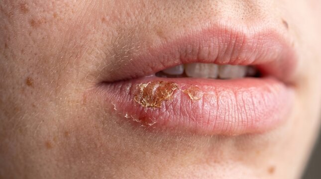 Extreme close up of cold sore lesion with crusting scab formation on female lower lip