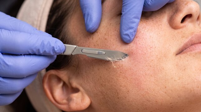 Professional esthetician performing dermaplaning procedure with surgical scalpel on patient cheek