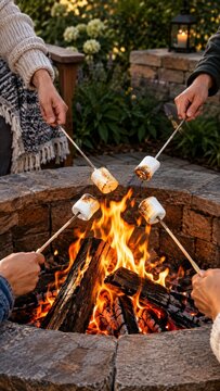 Hands holding toasting sticks over a fire pit in a garden during warm evening daylight
