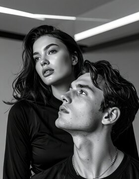 Young couple posing together in a studio portrait with dramatic lighting